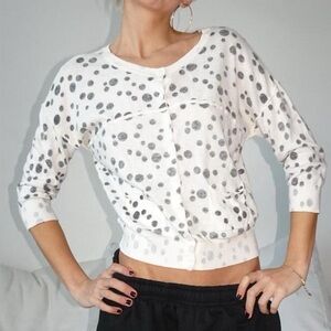 CAbi #875 Dotted White and Black Reverse Print Cardigan Button Down Sweater
